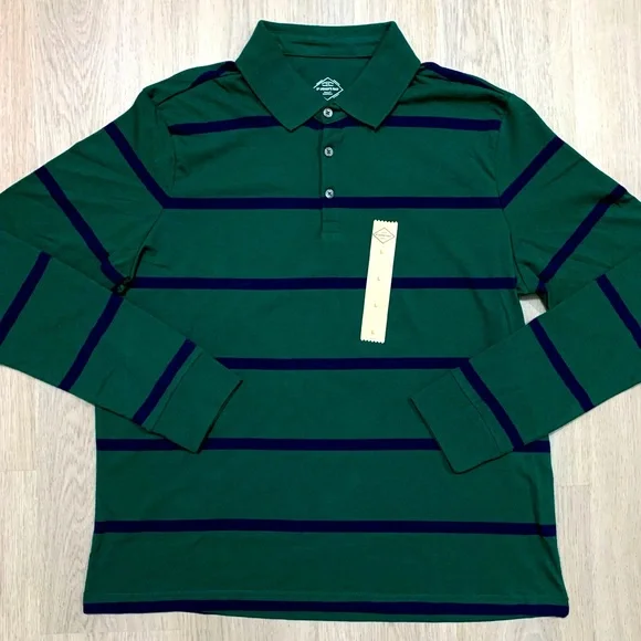 St Johns Bay Mens Large Legacy Polo Long Sleeve Green Stripe Classic Fit Stretch - Picture 6 of 6